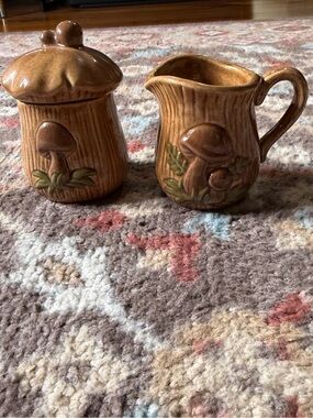 Vintage Woodland Mushroom Cream & Sugar Set | Ceramic Sugar Bowl w/Lid & Creamer